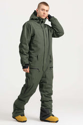 Men's Army Green Stylish Waterproof & Windproof Loose-Fit One-Piece Ski Suit with Detachable Hood & Multipockets